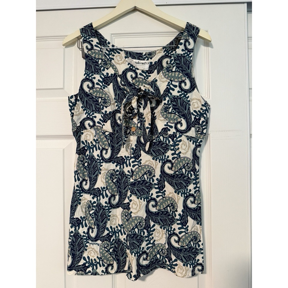 Vintage Manuheali'i Tank Top Hawaiian Floral Paisley Blue Manuhealii Luau Retro